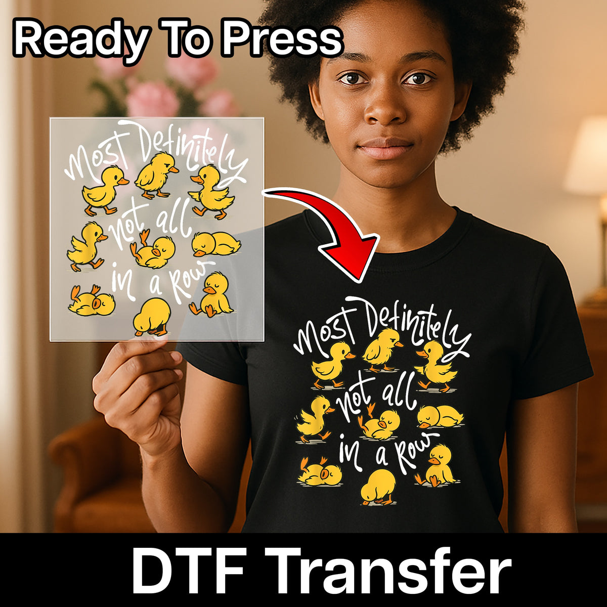 Cute Funny Duck DTF Transfer Iron-On Not In A Row Animal T-Shirt for Families & Friends Apparel Gift