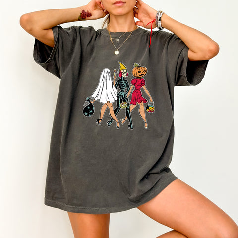 Cute Halloween Trio Ready To Press DTF Transfer for Women T-Shirt Ghost Skeleton Pumpkin