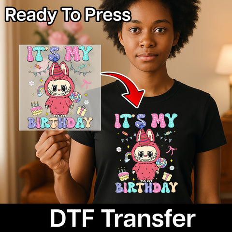 Cute Birthday Bunny DTF Transfer | Ready to Press Cute Character Birthday T-Shirt Design for Kids & Adults | Party Apparel