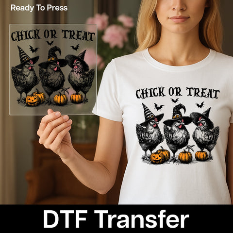 Iron-On DTF Transfer Funny Halloween Chicken Witch Design for Group Apparel & T-Shirts - Perfect for Pumpkin Parties