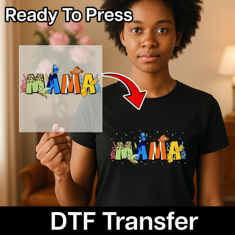 Cute Ocean Theme MAMA DTF Transfer for Cute Family T-Shirt, Ready To Press Iron-On Aquatic Cartoon Apparel, Mother's Day Gift