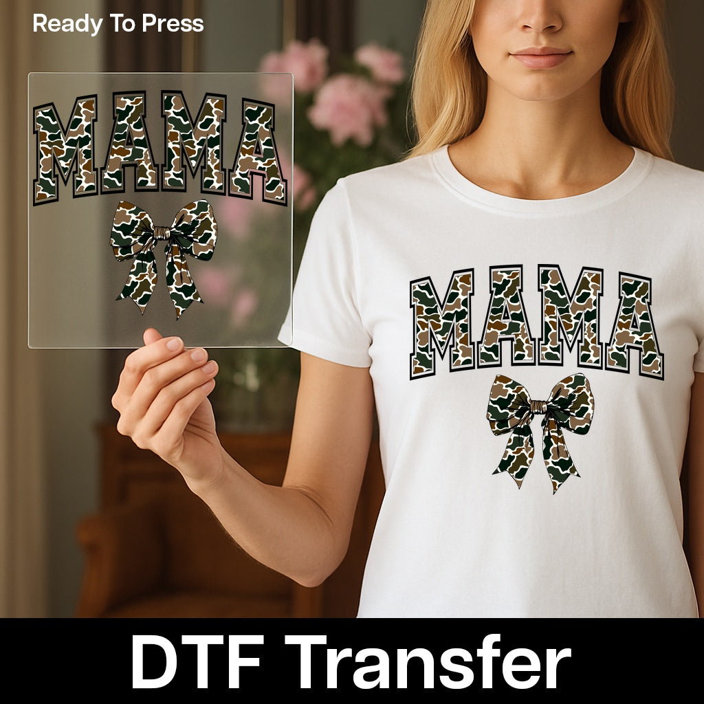 Cute Camouflage Mama DTF Transfer for Mother's Day Apparel, Ready to Press Rustic Boho Camo Shirt Design