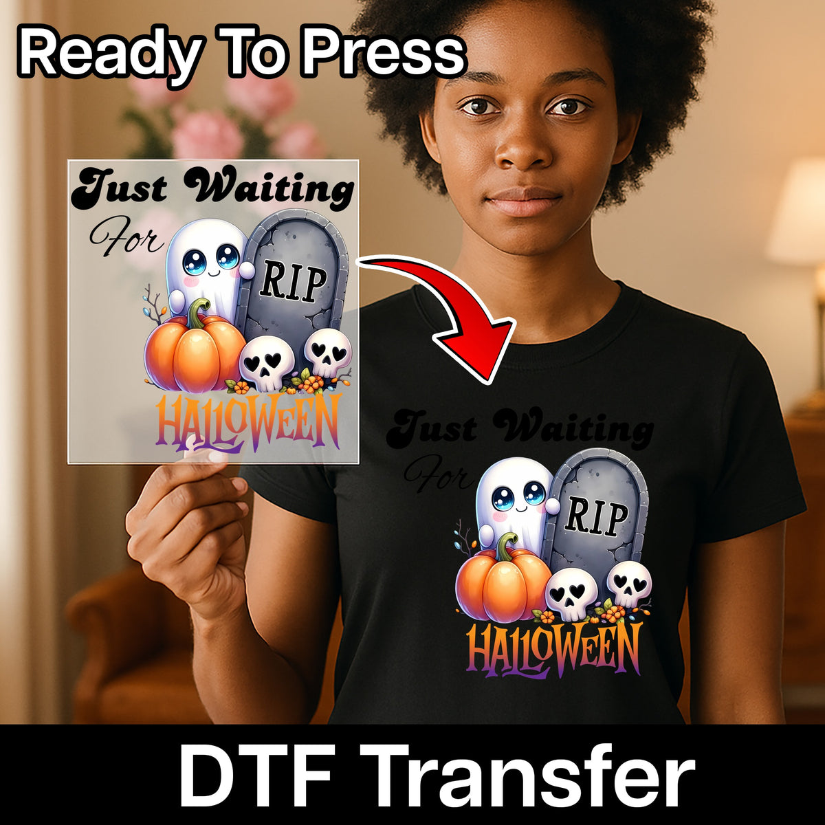 Cute Halloween Ghost & Pumpkin DTF Transfer - Ready to Press Iron-On for Family & Friends Shirts - Spooky Fun Apparel