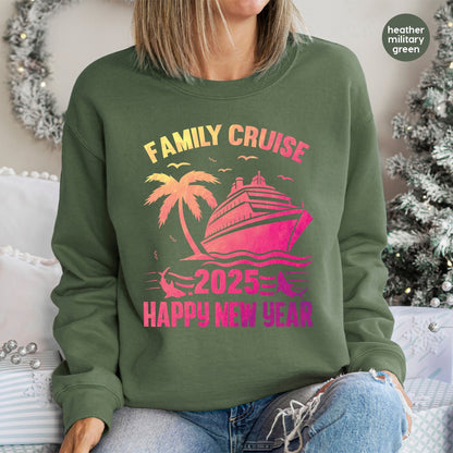 Festive Family Cruise New Year 2025 DTF Transfer, Ready To Press Tropical Sunset Palm & Shark Apparel for Matching Outfits
