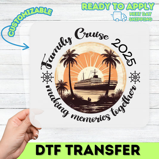 Retro Family Cruise DTF Transfer for Vacation, Cute Sunset Shirt Design, Ready to Press Iron-On for Group & Family Apparel