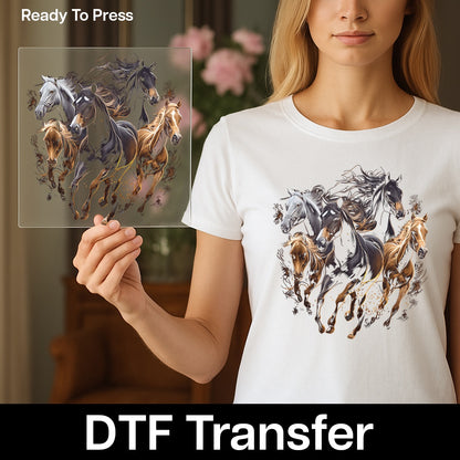 Energetic Running Horses Iron-On Ready To Press DTF Transfer for Animal Lover Apparel Tees & Equestrian Enthusiasts Gift