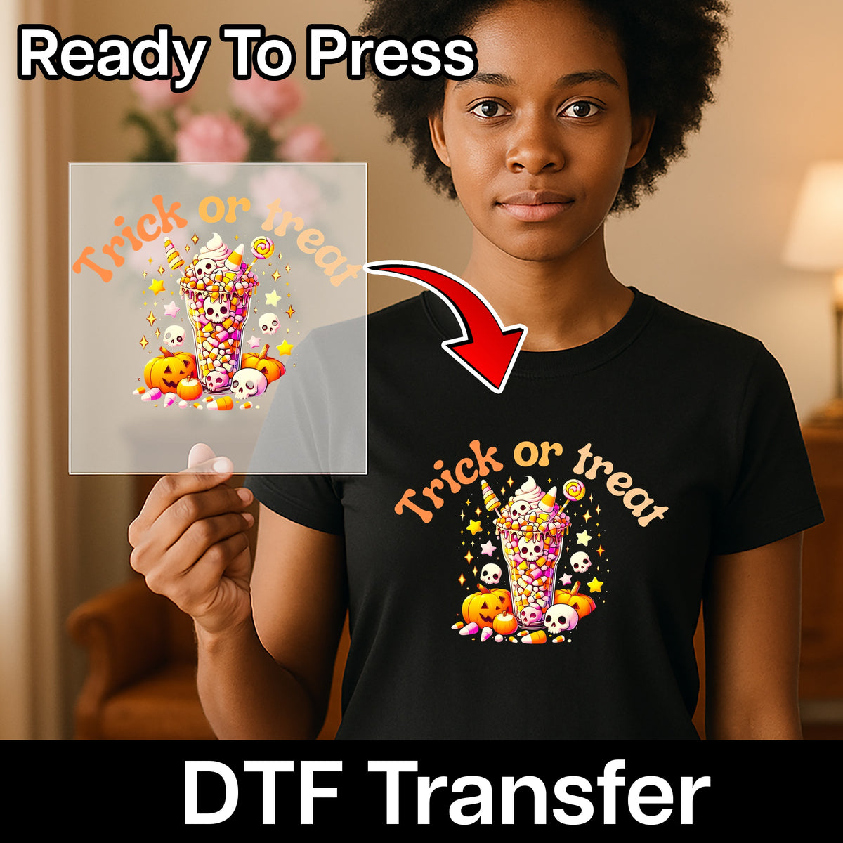 Cute Halloween Treats Iron-On DTF Transfer Trick or Treat Design Ready to Press for T-Shirts & Sweatshirts