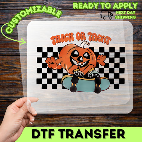 Playful Halloween Pumpkin DTF Transfer - Trick or Treat Skateboarding Design for Fun Apparel