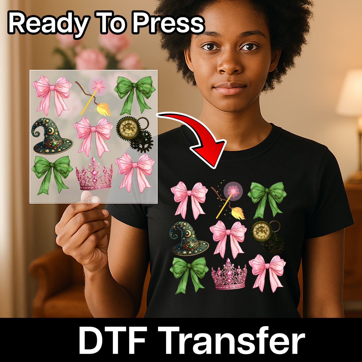 Fantasy Fairytale DTF Transfer with Pink Bow Witch Hat & Crown for Magical Group Events & Apparel