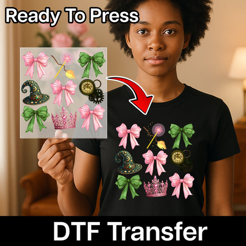 Fantasy Fairytale DTF Transfer with Pink Bow Witch Hat & Crown for Magical Group Events & Apparel