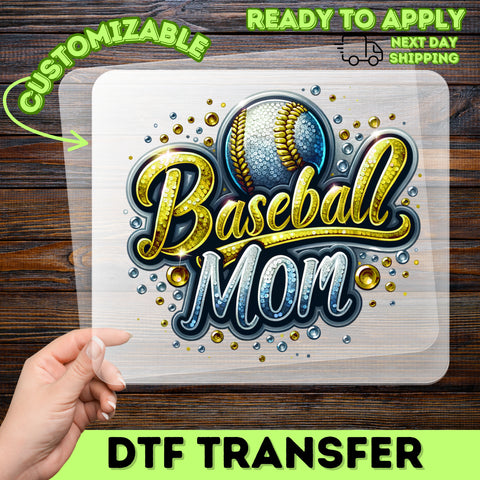Baseball Mom DTF Transfer Ready To Press Dazzling Sports Mom Apparel Cute Glitter Shirt Gift