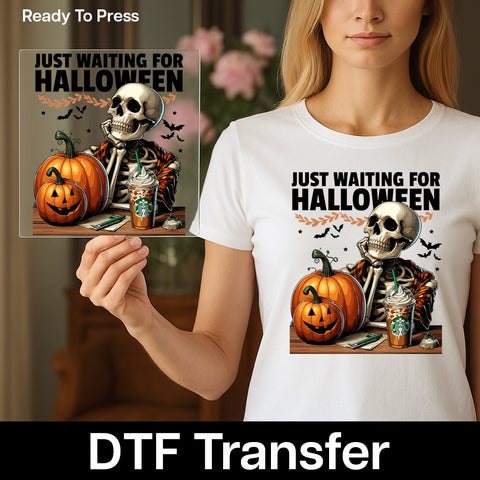 Halloween Skeleton Pumpkin Funny DTF Transfer Ready To Press Gothic Cartoon Iron-On for Fall Coffee Lover Apparel
