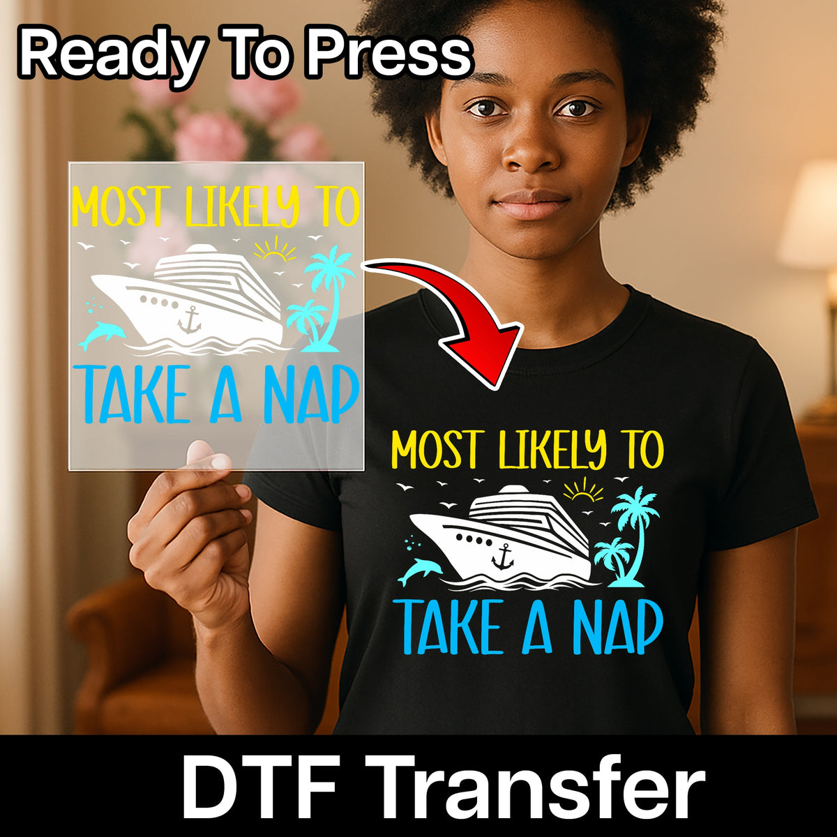 Funny Cruise Vacation DTF Transfer Iron-On Ready To Press for T-Shirt Tropical Travel Apparel Family Group Holiday