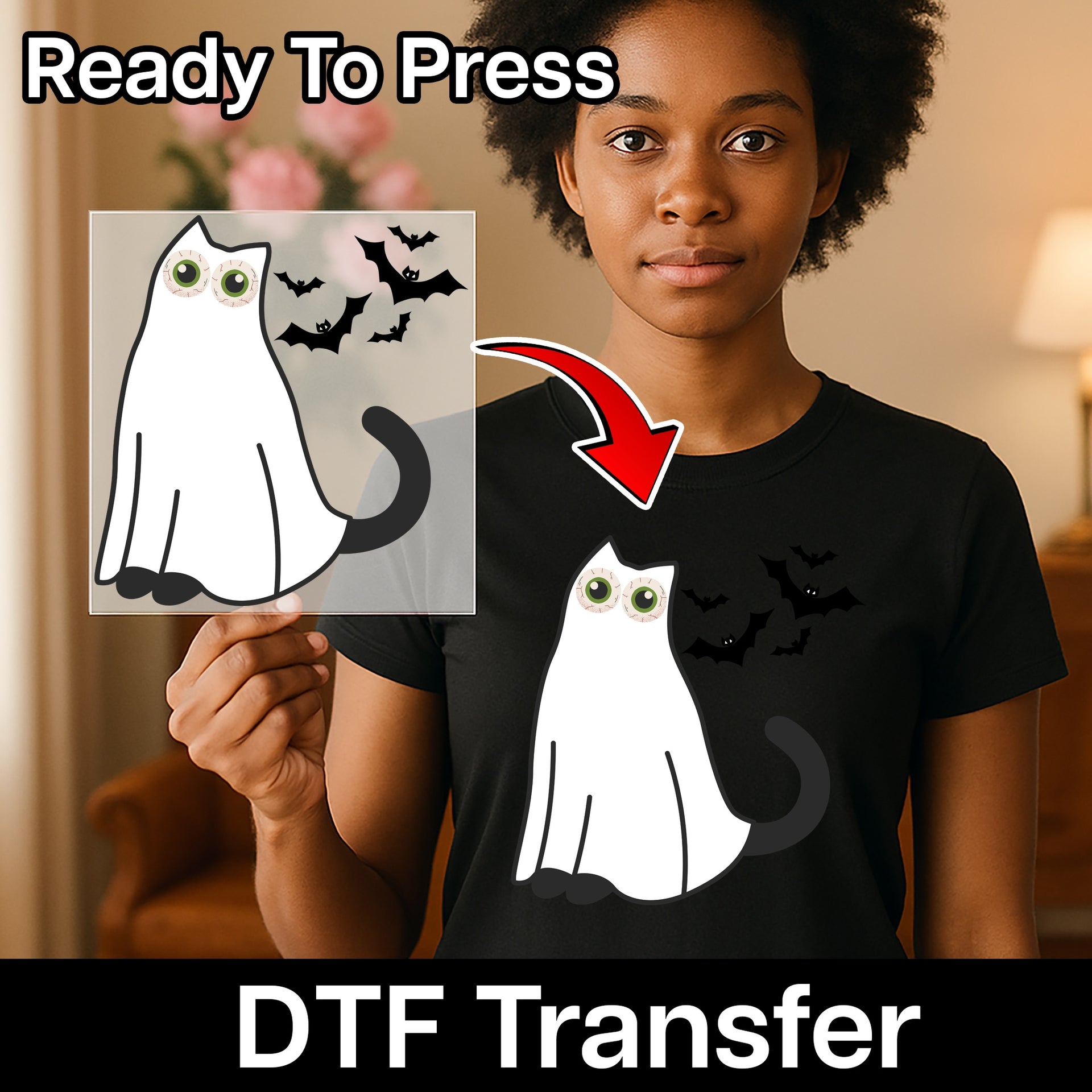 Cute Halloween Ghost Cat DTF Transfer for Cat Lover Shirts & Funny Holiday Apparel