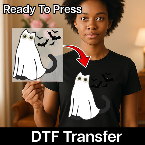 Cute Halloween Ghost Cat DTF Transfer for Cat Lover Shirts & Funny Holiday Apparel
