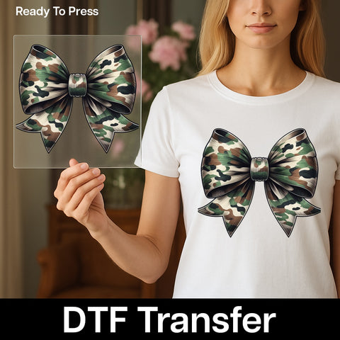 Camo Bow Cute DTF Transfer for Military Family & Outdoor Enthusiasts, Army Theme Ready To Press Iron-On Apparel Gift