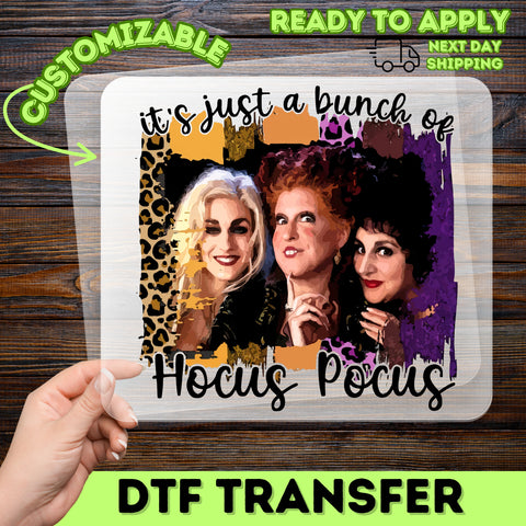 Funny Halloween "Hocus Pocus" DTF Transfer for T-Shirts & Apparel - Cute Witch Trio Design Ready to Press Iron-On