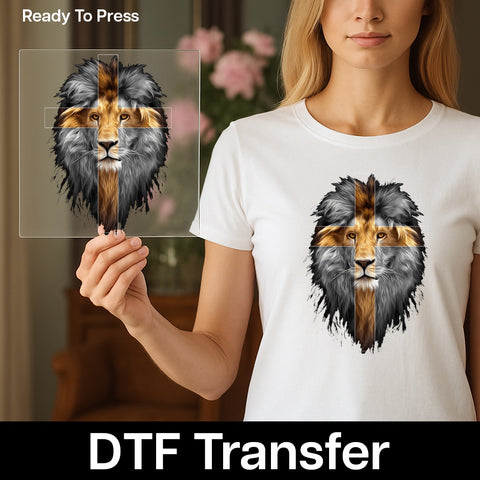 Christian Lion Cross Inspirational DTF Transfer Ready To Press Iron-On Religious Faith-Based Apparel Spiritual Art T-Shirt
