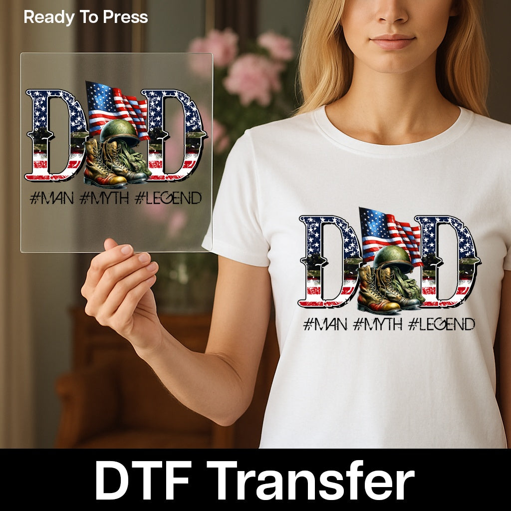 Patriotic Military Dad DTF Transfer Iron-On for Father's Day, Ready To Press Vintage American Theme Apparel Gift