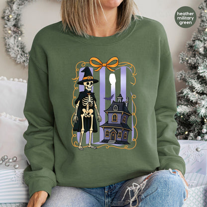 Halloween Skeleton Witch DTF Transfer for Cute and Funny Apparel, Ready to Press Iron-On for Spooky Group Theme Shirts