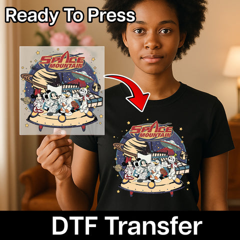 Retro Cartoon Space Adventure Ready To Press DTF Transfer for Family Theme Park T-Shirt Space Mountain Design