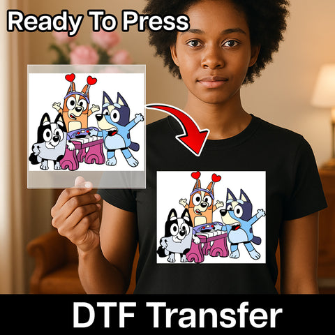 Cute Dog Cartoon Party DTF Transfer for Kids Apparel Fun Group Activity Iron-On Ready To Press