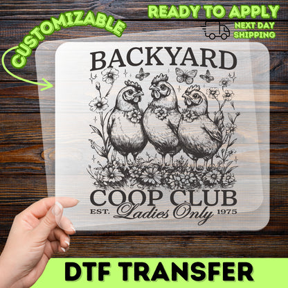 Charming Vintage Chicken DTF Transfer for Women Shirt - Backyard Coop Club Farmhouse Style Ready To Press Apparel