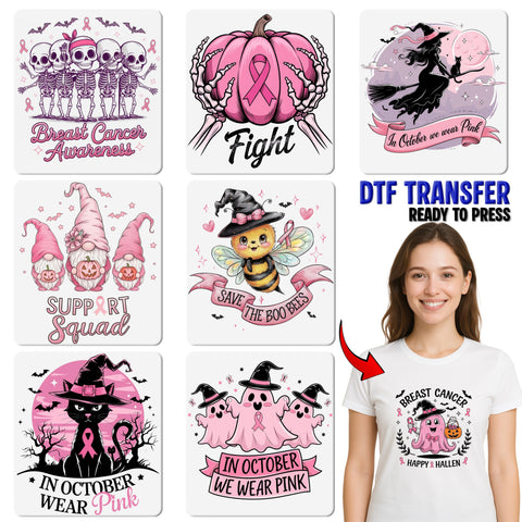 Breast Cancer Awareness Halloween Pink Pumpkin DTF Transfer Iron-On T-Shirt for Supporters & Events