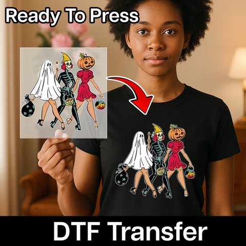 Cute Halloween Trio Ready To Press DTF Transfer for Women T-Shirt Ghost Skeleton Pumpkin