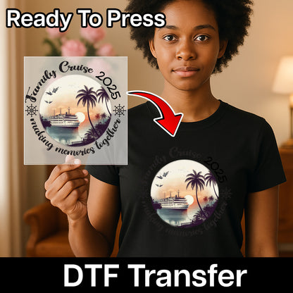 Nautical Family Cruise DTF Transfer for Travel Apparel, Ready to Press Vintage Sunset Palm Tee for Vacationers & Adventure Seekers