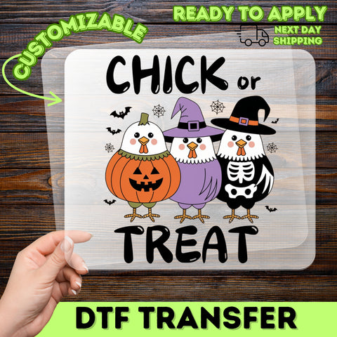 Funny 'Chick or Treat' Halloween DTF Transfer for Cute Chicken Theme Iron-On Apparel