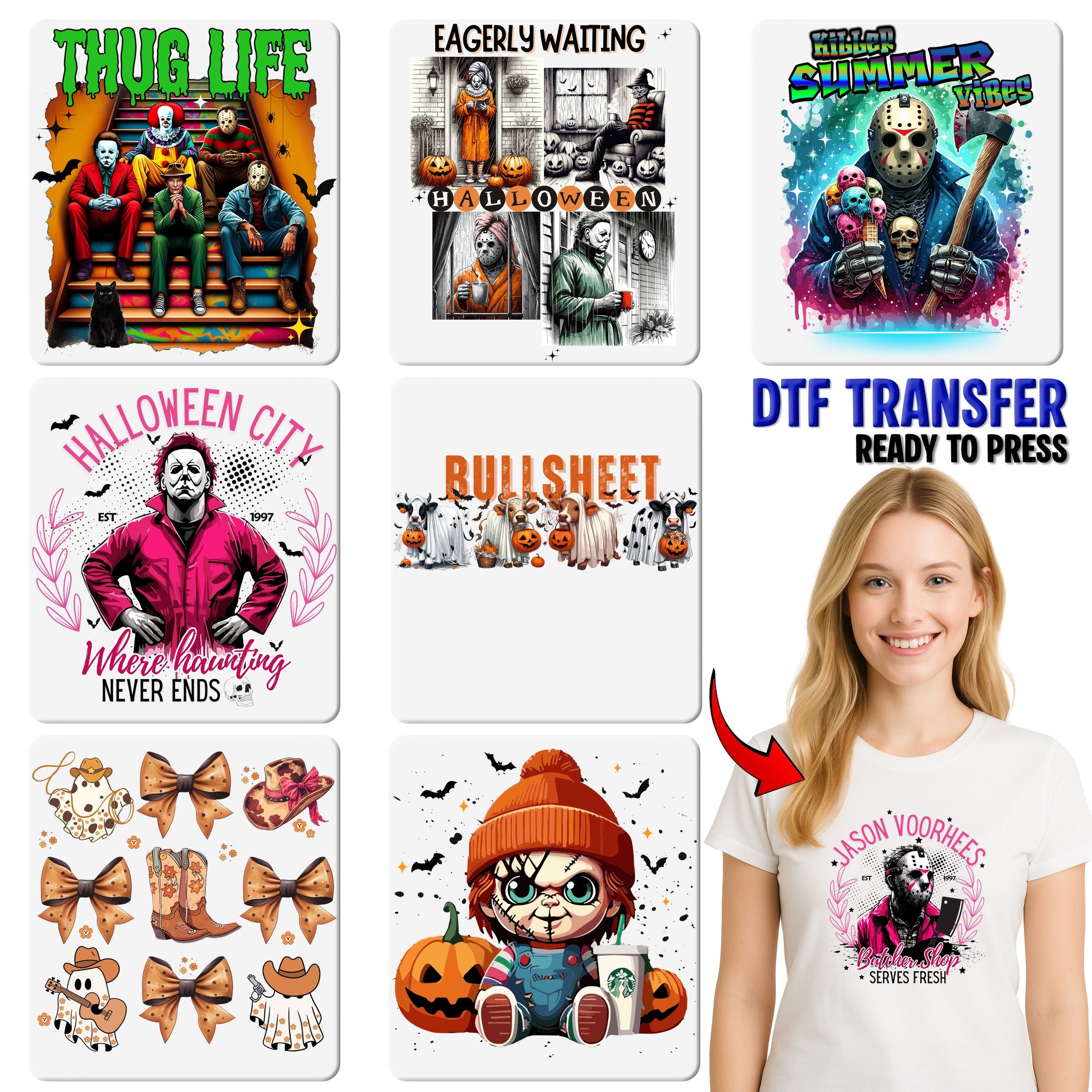 Spooky Gothic Halloween DTF Transfer for Whimsical Skeleton & Ghost Shirt - Ready to Press Iron-On for Fun Holiday Apparel
