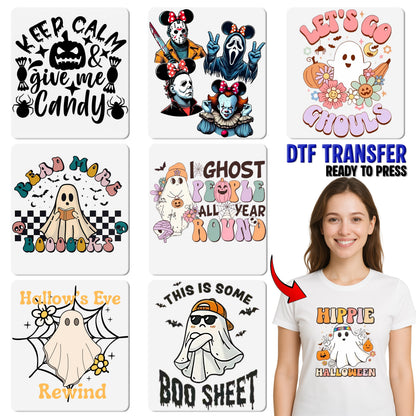 Cute Halloween Jack-o'-lantern Ghost & Black Cat DTF Transfer Ready To Press for Family Shirts