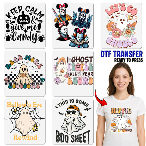 Cute Halloween Jack-o'-lantern Ghost & Black Cat DTF Transfer Ready To Press for Family Shirts
