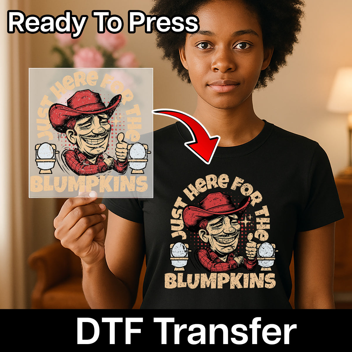 Funny Halloween Cowboy DTF Transfer, Ready to Press Blumpkins Humor Iron-On for Adult Party Shirts, Retro Comic T-shirt Design