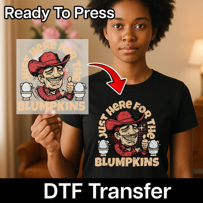 Funny Halloween Cowboy DTF Transfer, Ready to Press Blumpkins Humor Iron-On for Adult Party Shirts, Retro Comic T-shirt Design