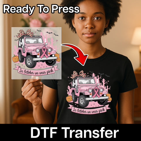 Cute Pink Jeep Halloween DTF Transfer Breast Cancer Awareness Iron-On for Women's T-Shirt Fun Spooky Group Costume