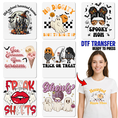 Cute Hippie Halloween Ghost Sunflowers DTF Transfer for Retro Boho Apparel & Group Party Shirt