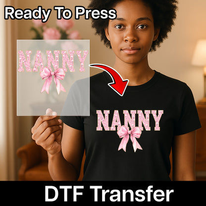 Cute Nanny DTF Transfer Floral Bow Design Ready To Press Iron-On Apparel Gift For Caregivers - Vintage Feminine Nanny Tee