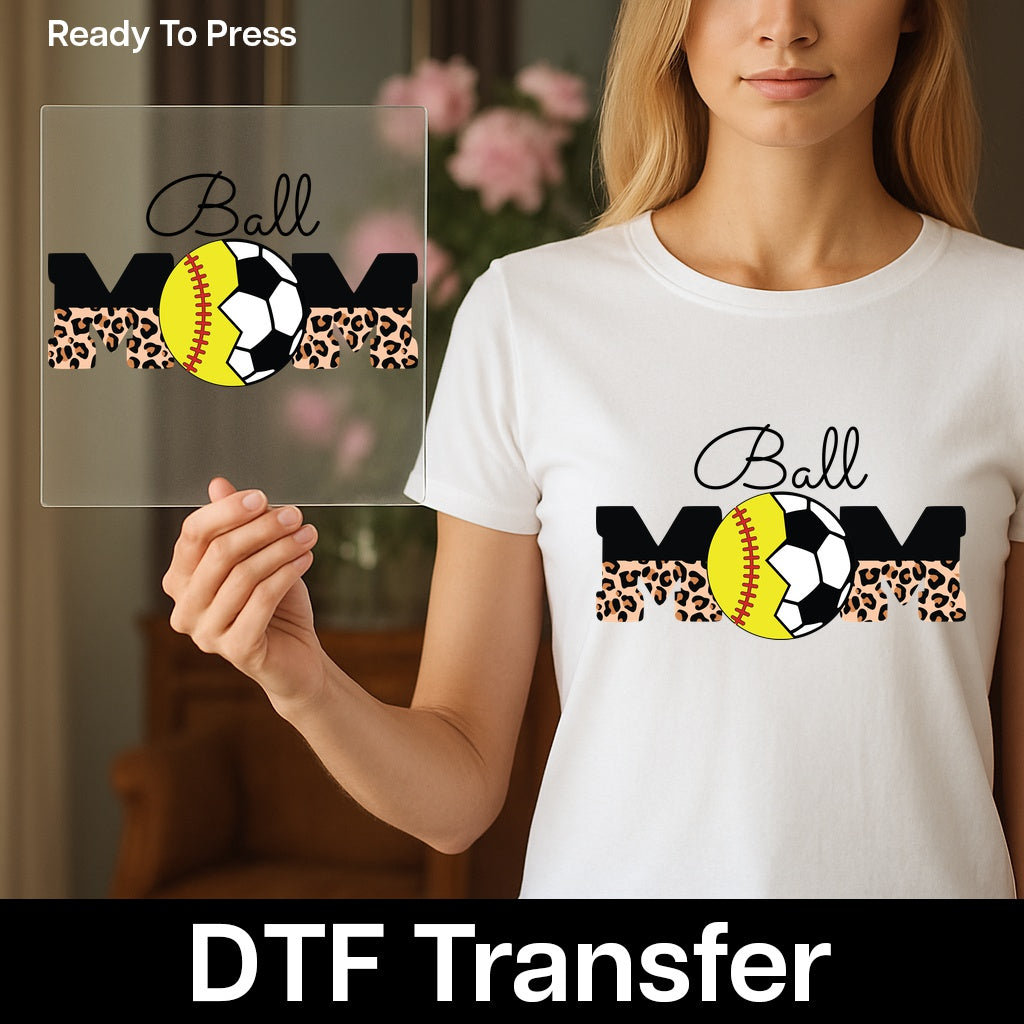 Ready to Press Sports Mom Leopard Print DTF Transfer, Cute Soccer & Softball Design, Iron-On Apparel for T-shirts & Hoodies