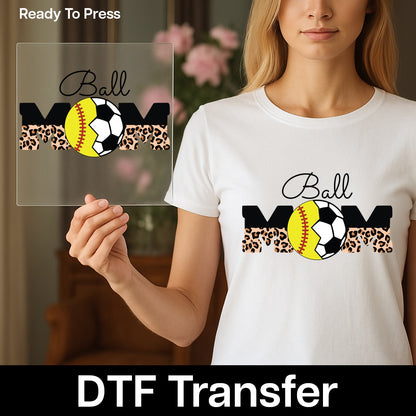 Ready to Press Sports Mom Leopard Print DTF Transfer, Cute Soccer & Softball Design, Iron-On Apparel for T-shirts & Hoodies