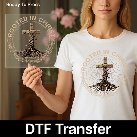 Christian Faith Roots DTF Transfer Iron-On Ready to Press Rustic Vintage Cross Apparel for Church Groups & Retreats