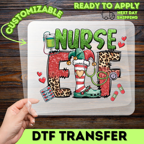Nurse Elf Christmas DTF Transfer | Glittery Ready To Press Iron-On for Cute Nurse T-Shirt Apparel