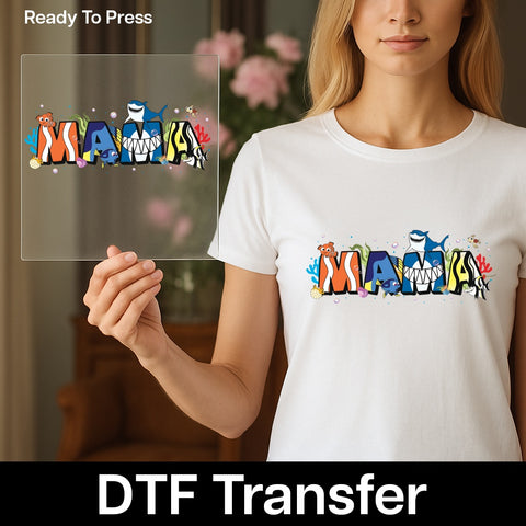 Cute Underwater Cartoon Sea Creatures DTF Transfer for MAMA T-shirt Ready to Press Iron-On Ocean Theme Apparel