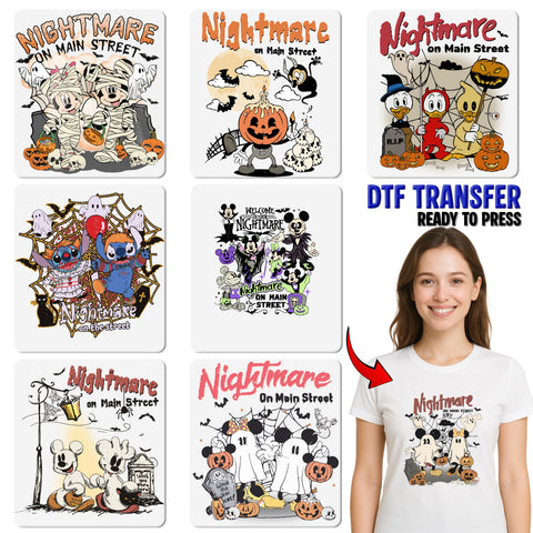 Retro Halloween DTF Transfer Cute Cartoon Skeletons & Pumpkins Ready To Press for Family Apparel, Disney Enthusiasts
