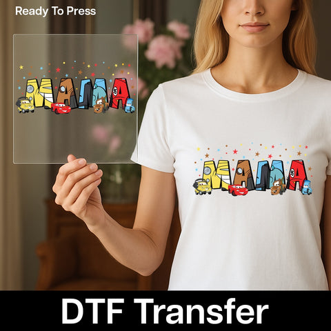 Cute Cars-Themed Mama DTF Transfer Iron-On for Mother's Day Apparel & Family Celebrations