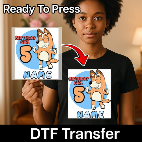 Cute Cartoon Dog 5th Birthday Girl DTF Transfer Ready To Press Iron-On for Kids T-Shirt Apparel Custom Name