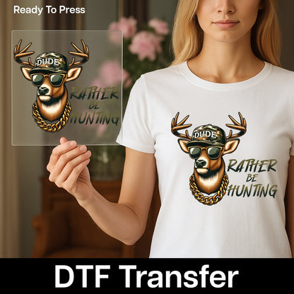 Funny Deer with Camo Hat & Gold Chain DTF Transfer - Hunting Themed Iron-On for Outdoor Enthusiasts Apparel