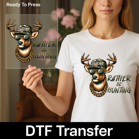 Funny Deer with Camo Hat & Gold Chain DTF Transfer - Hunting Themed Iron-On for Outdoor Enthusiasts Apparel