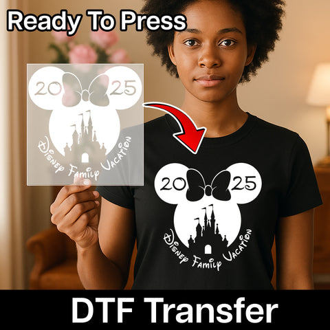 Disney Family Adventure DTF Transfer 2025, Cute Mouse Ears & Castle Design for T-Shirts, Family Vacation Ready To Press Iron-On